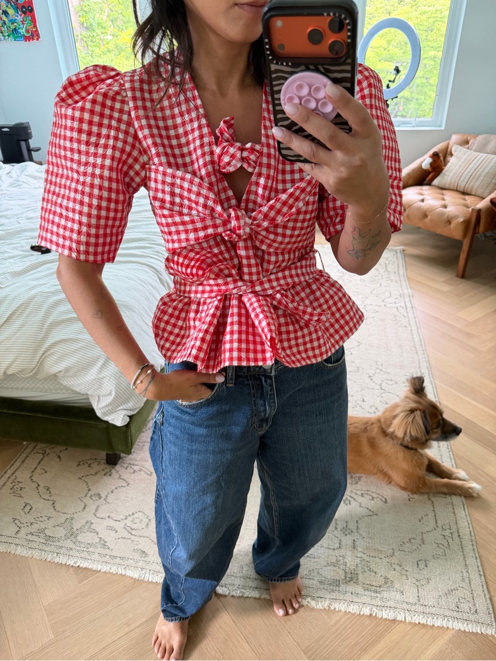 Ganni

Crinkled Taffeta Check Tie-Front Blouse
